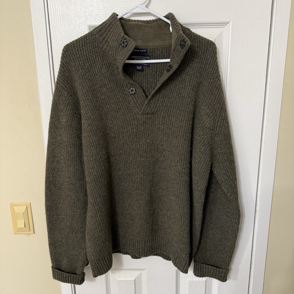 Y2K American Eagle Sweater Mens XL Olive Green Wool Alpaca Blend Ribbed Knit